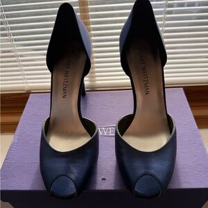 Stuart Weitzman Divorcee Midnight Satin Peep Toe Heels